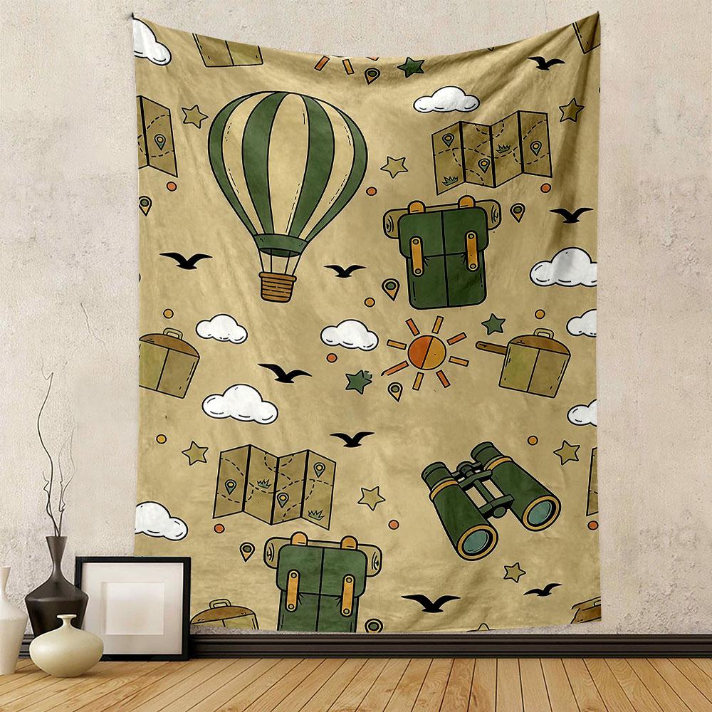 Adventure Travel Pattern with Maps & Hot Air Balloons Patterned tapestry home decor, suitable for bedroom and living room, gift