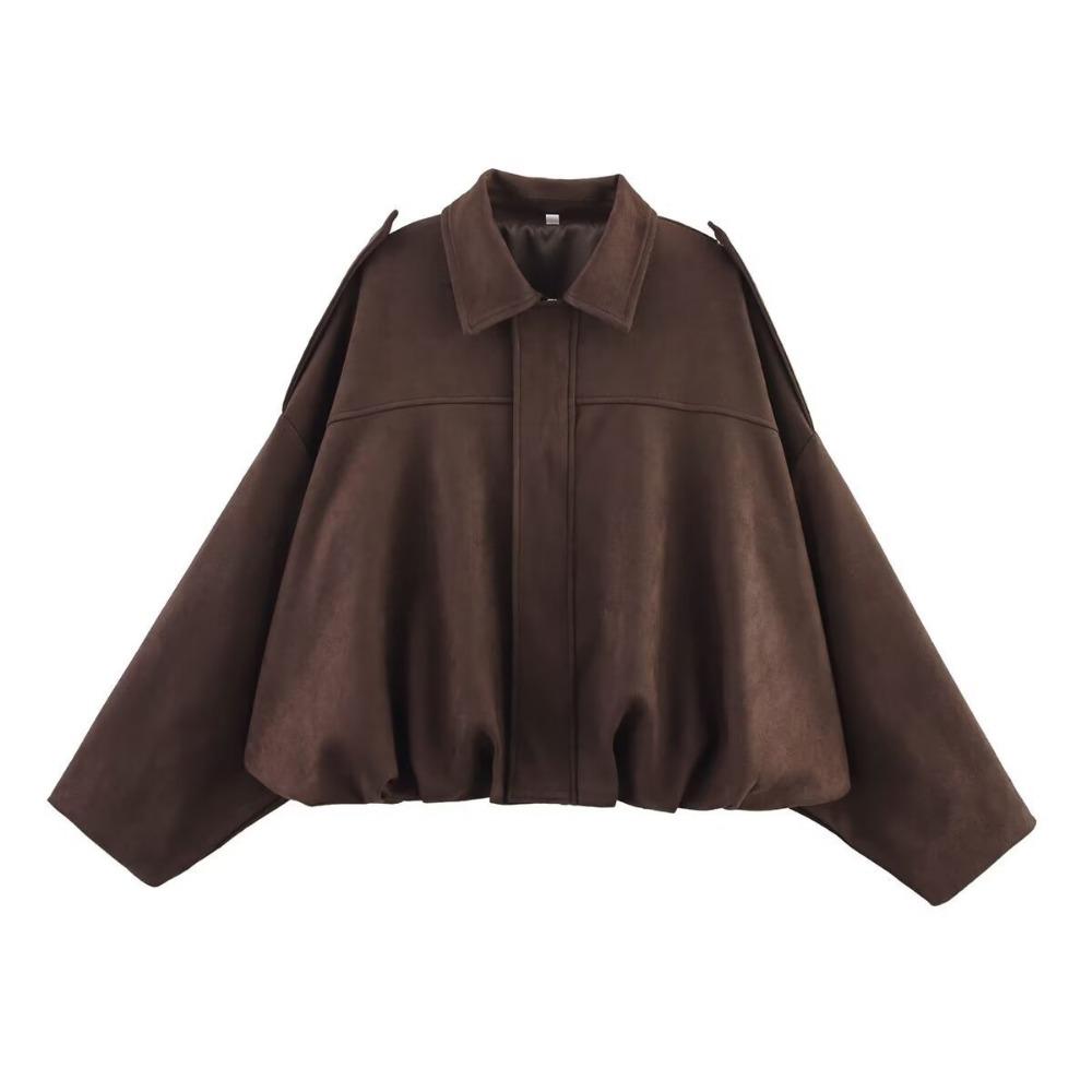 Women Suede Jacket Loose Casual Bomber Coat Lapel Zipper Long Sleeve Jackets Vintage Lady Motorcycle Outwears