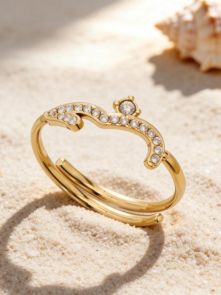 18k Gold-Plated Zirconia Inlaid Stainless Steel Open Ring Set - Modern Fashion Jewelry