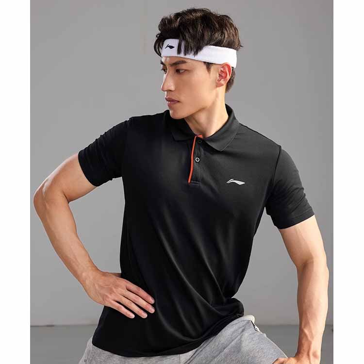 Li-Ning Solid Color Logo Embroidered Stand Collar Short Sleeve Polo Shirt Men Polo Shirts Black YPLT023-1