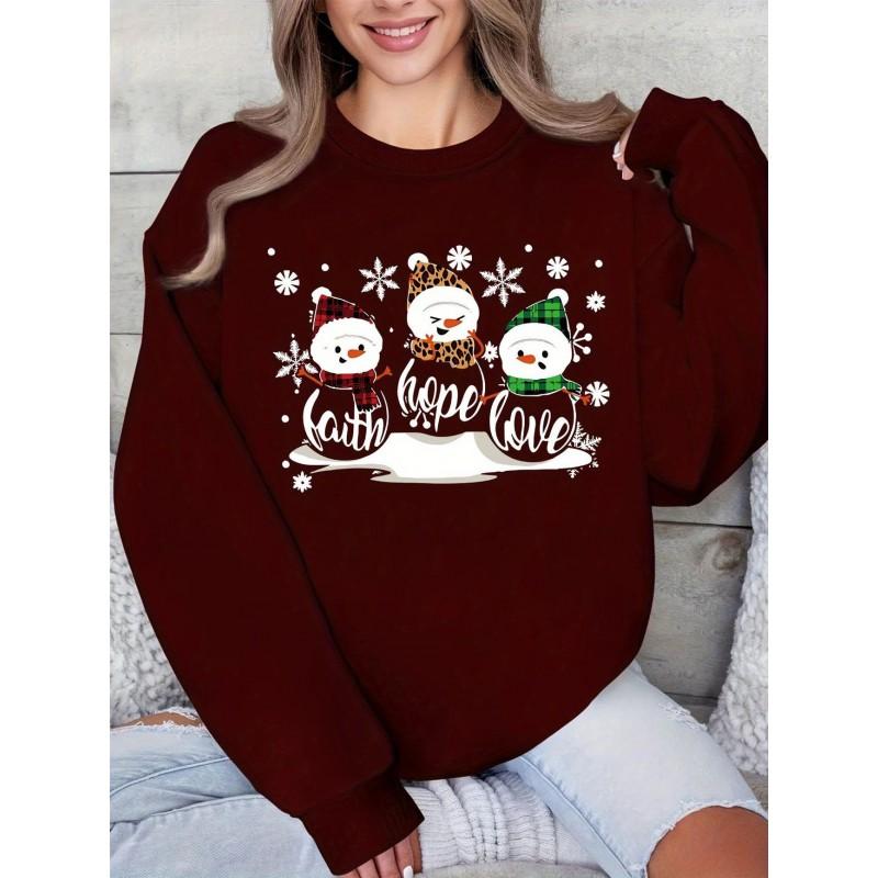 Christmas Snow Print Crew Neck Sweatshirt Women Loose Fit Casual Long Sleeve Top