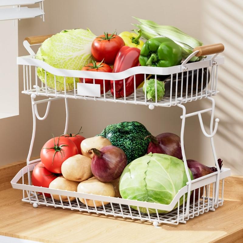 Space Saving Metal 2 Layer Produce Organizers With Rustproof Easy Cleaning Surfaces Home Storage Solution