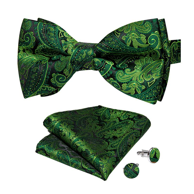 Módní zelené květinové motýlky pro muže Hedvábné předvázané nastavitelné manžetové knoflíčky Set Man Butterfly Kravata Uzel na svatební párty