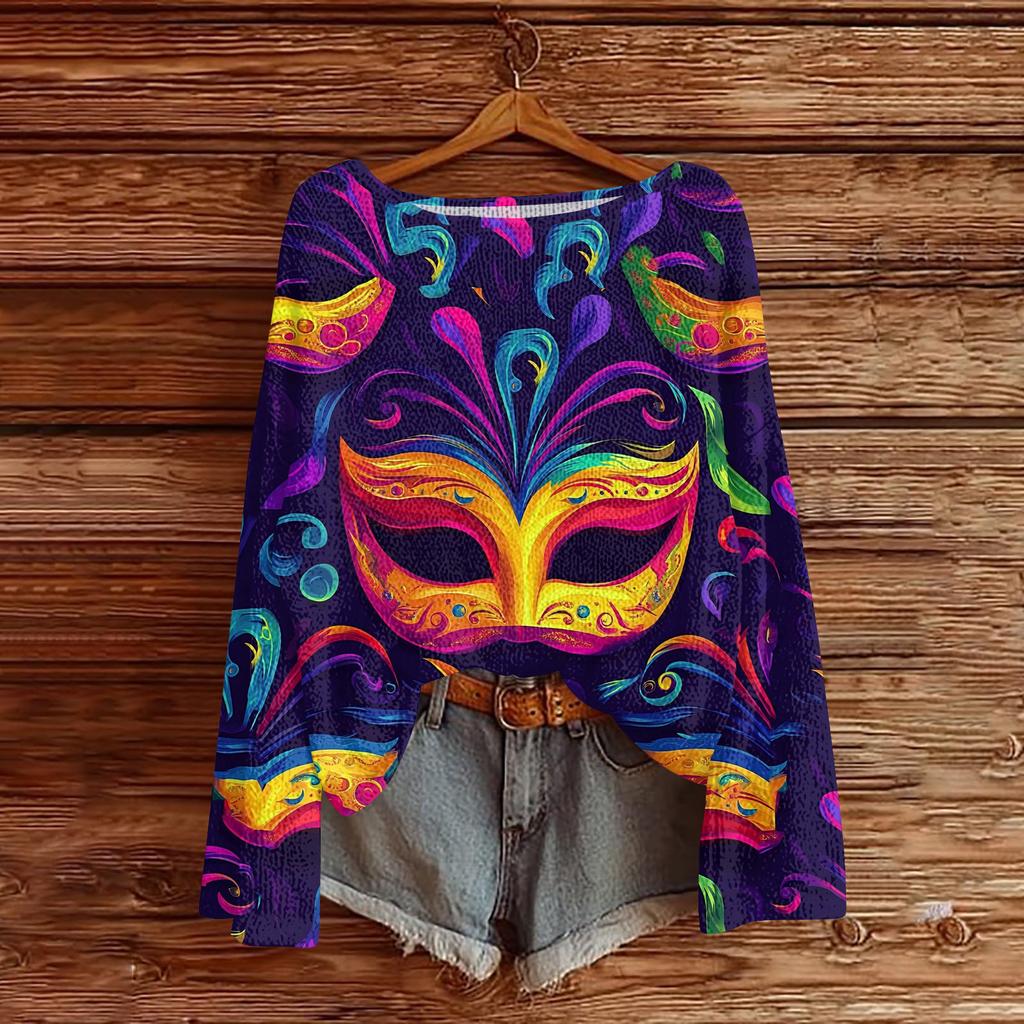 Damen Casual Mode Rundhals Oberteil Karneval Print Langarm Strickpullover