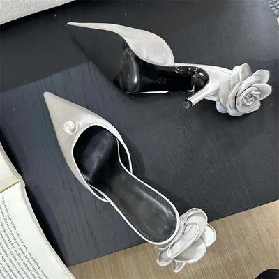 Aneikeh Designer Silk Flower Woman Pumps Fashion Shallow Pointed Toe Low Thin Heels Shoes Ladies Slingbacks Slippers