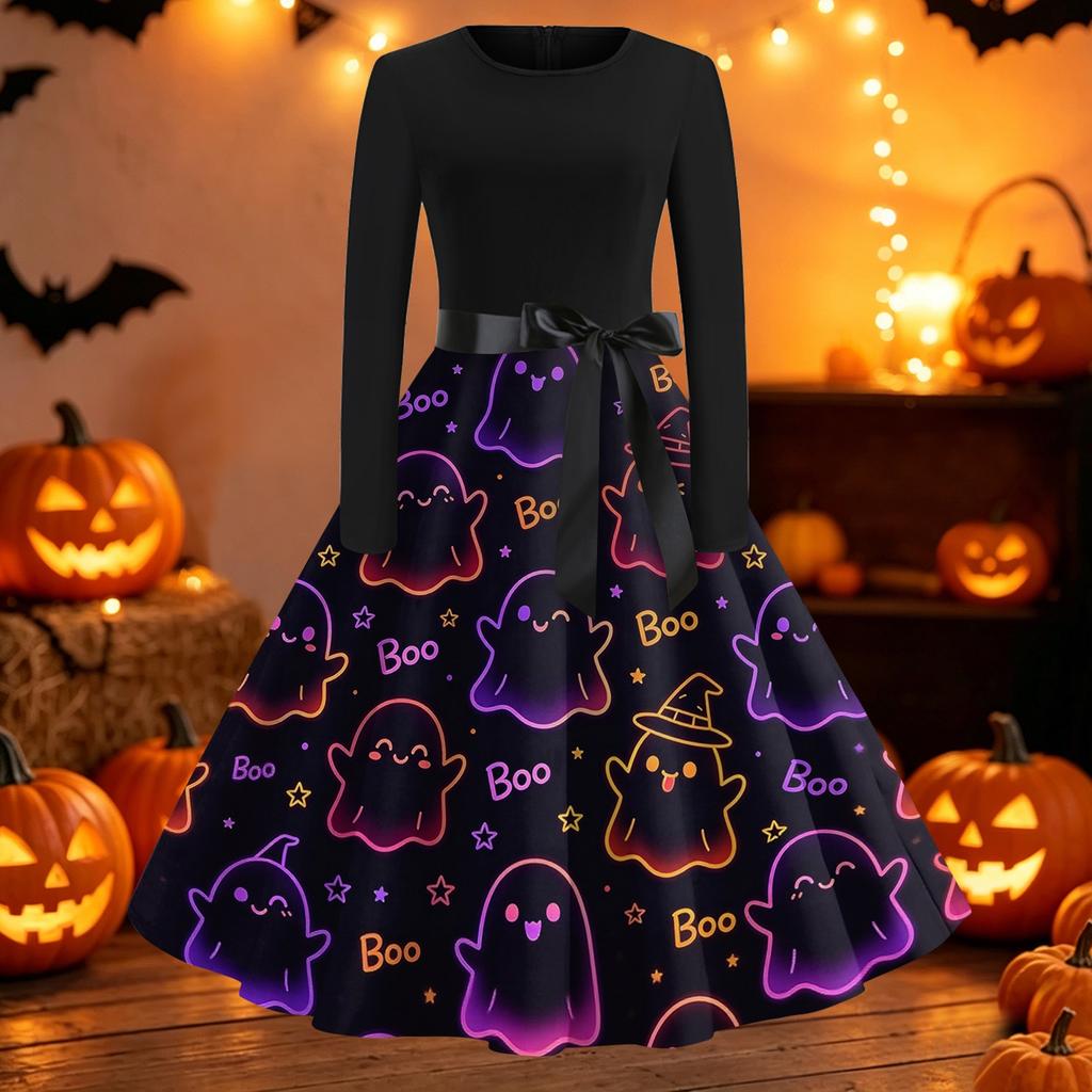 Women's Casual Long Sleeve Dress Halloween Printed Flared Skirt Round Neck Slim Fit Vintage Style Midi Dress with Waist Tie