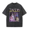 Japanese Anime Serial Experiments Lain Vintage Washed T Shirt Manga Iwakura Girl Sci Fi T-shirts Men 100% Cotton Casual T Shirt