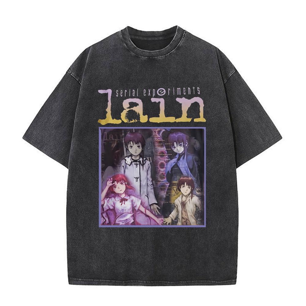 Japanese Anime Serial Experiments Lain Vintage Washed T Shirt Manga Iwakura Girl Sci Fi T-shirts Men 100% Cotton Casual T Shirt