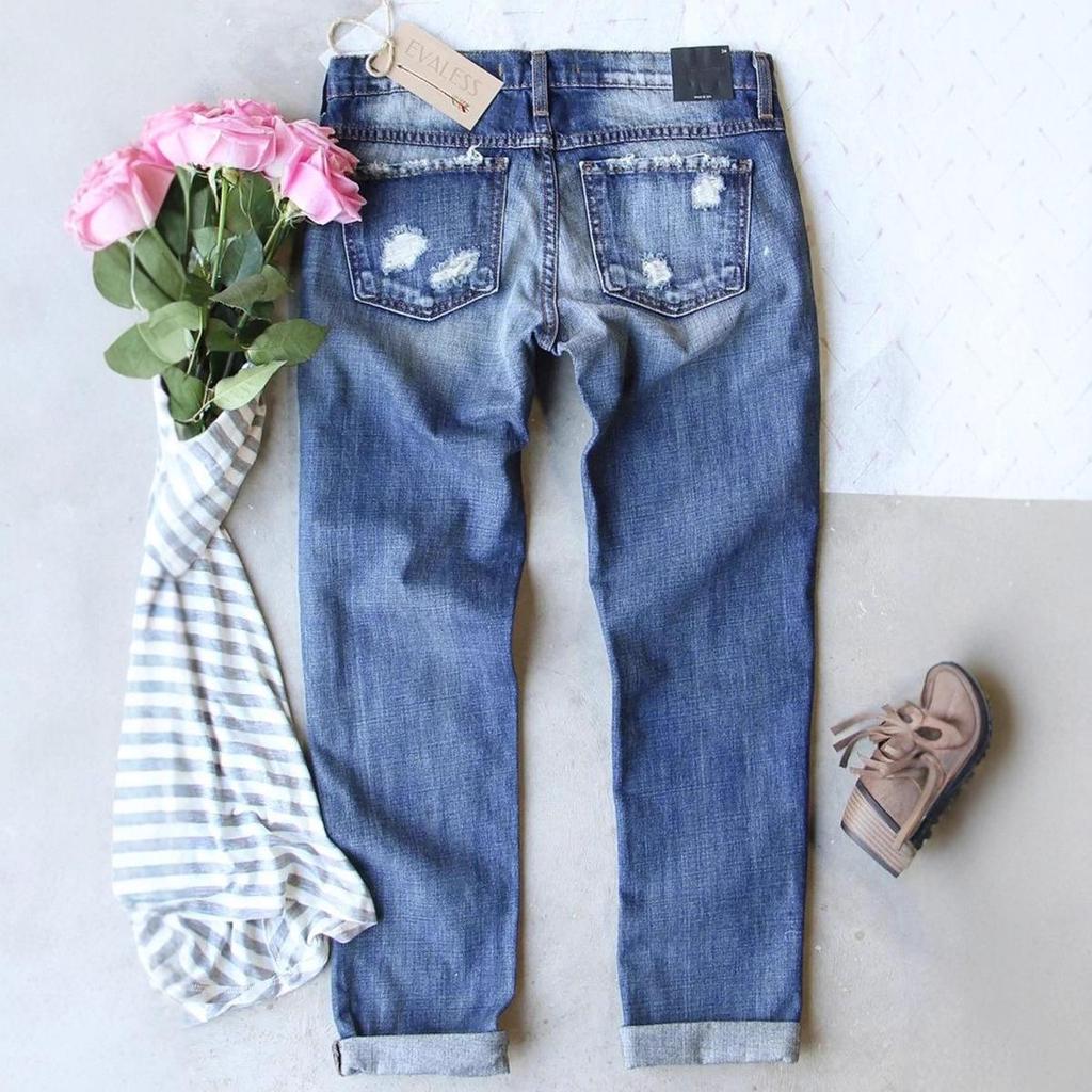 Damen-Jeans mit Rissen, Frühjahr 2025 – Lässige lange Hose mit Printapplikationen
