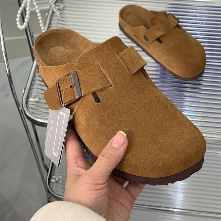 Boken Women's 2025 Autumn Genuine Leather Cork Bottom Suede Closed-Toe Mule Slippers