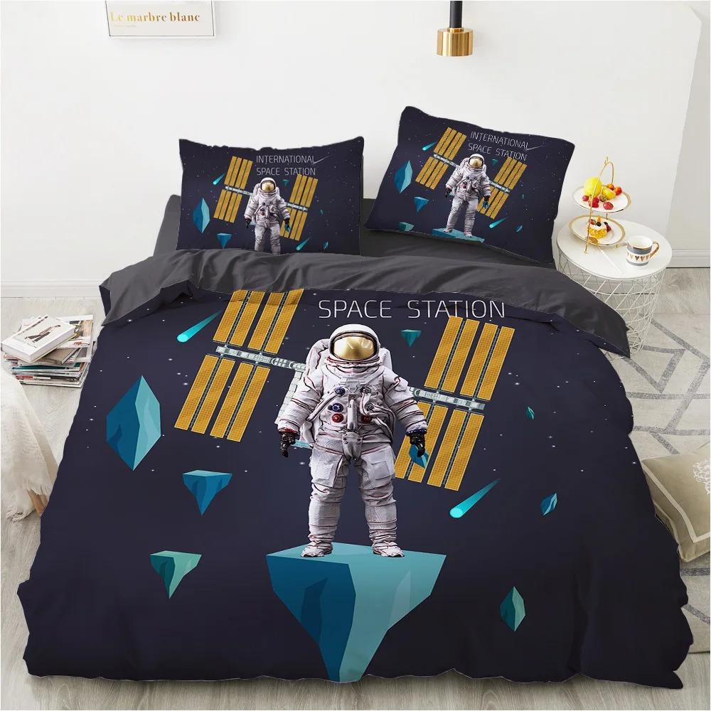 3D Astronaut King Queen Duvet Cover Cartoon Galaxy Universe Bedding Set for Boys Girls Outer Space Soft 2/3pcs Quilt Cover