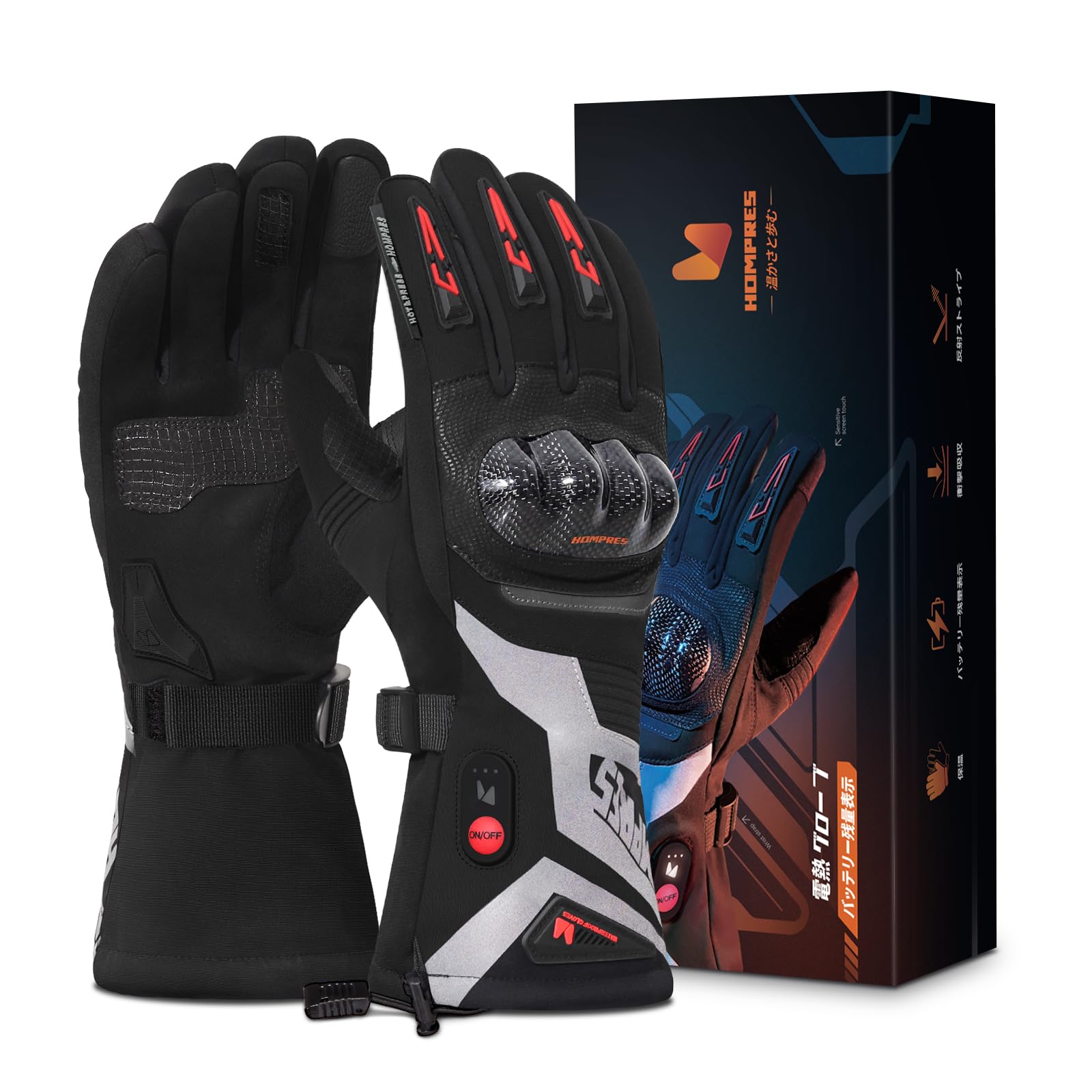 

Hompres Электрические перчатки с подогревом для зимы с питанием от аккумулятора, уровень заряда, для смартфона, 4 температуры, прикуриватель и мотоциклы, 11,1 В, перчатки,