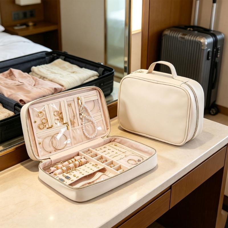 Portable Jewelry Storage Bag with Built-In Carry Handle, Zippered Closure, and Dedicated Holders for Different Pieces