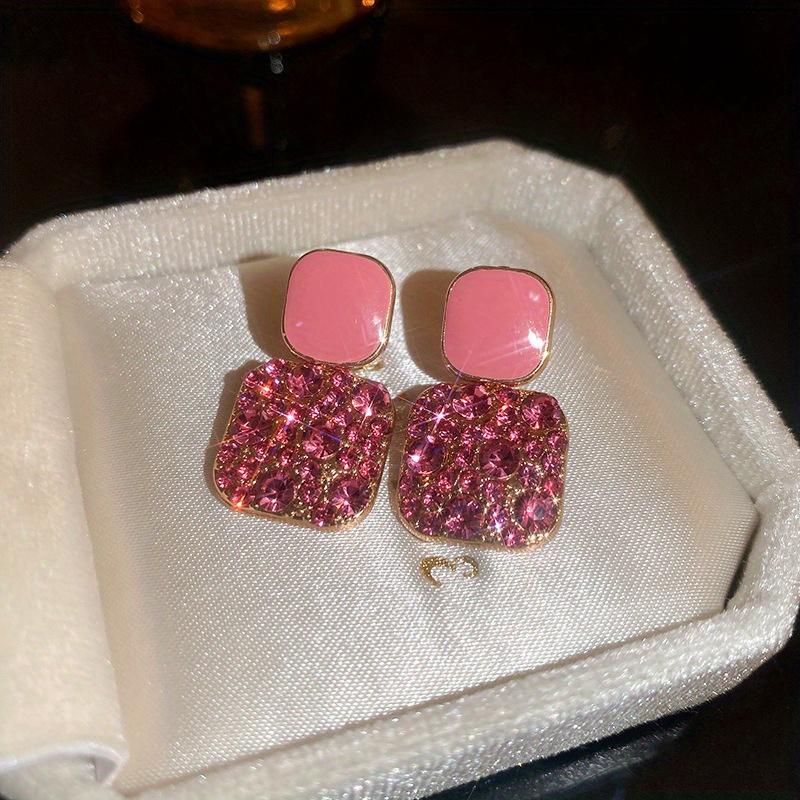 1 Pair Japanese Korean Square Drop Earrings, Artificial Glass Inlaid Pendant, Sparkly Fashion Jewelry for Women Party Daily Gift