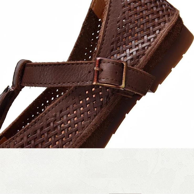 Johnature Retro Genuine Leather Soft Soled Hollow-out Sandals Round Toe Belt Buckle Flat Women's Shoes