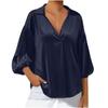 Women’s Loose Fit Satin Blouse with V Neck Collared Design and Three Quarter Puff Sleeves for Casual or Office Wear