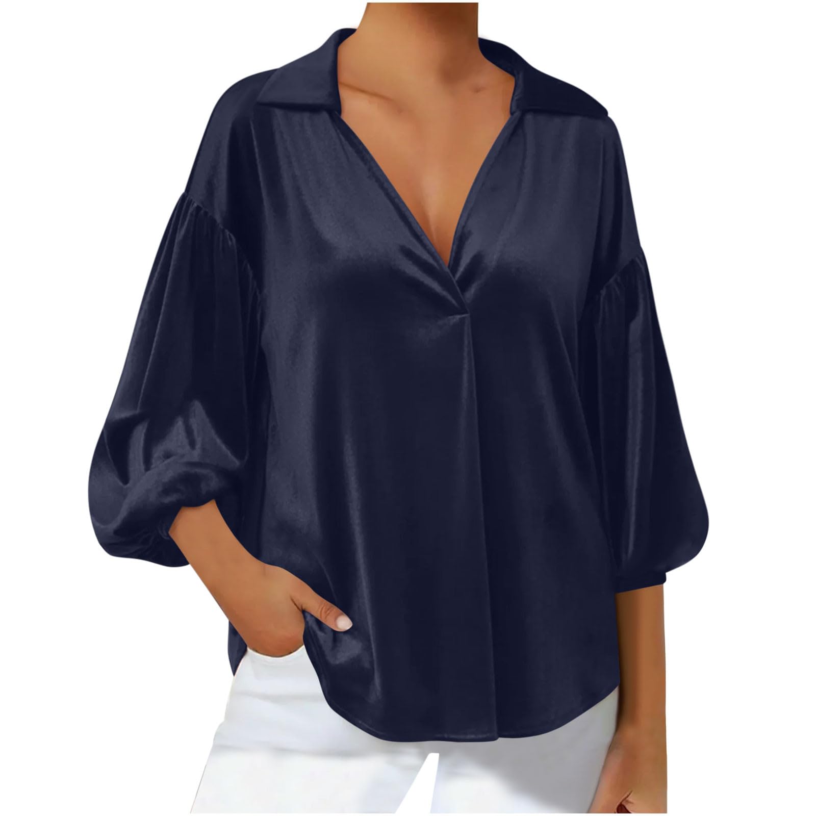 

Women s Ffashionable Color Seven Quarter Sleeve Sleeve Lapel Gold Velvet Loose Top XXL Темно-синій