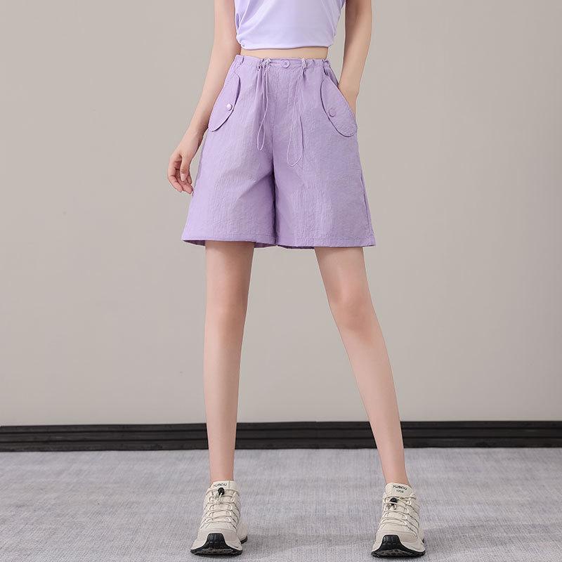 Women's Purple Two-Piece Set: Quick-Dry Ice Silk T-Shirt & Loose Five-Point Cargo Shorts