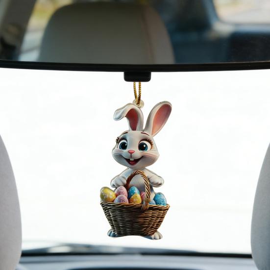 Easter Bunny Ornament 2D Flat Acrylic Bunny Car Rearview Mirror Charm Cartoon Bunny Egg Hanging Pendant for Home Car Window Backpack Holiday Decor