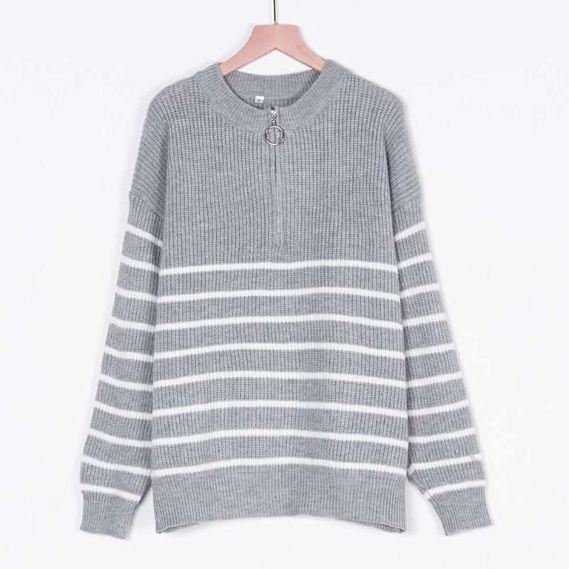 Striped Sweater Women Knitted Pullovers Autumn Winter Fashion Zipper Jumpers Long Sleeve Half High Collar Loose Pullover