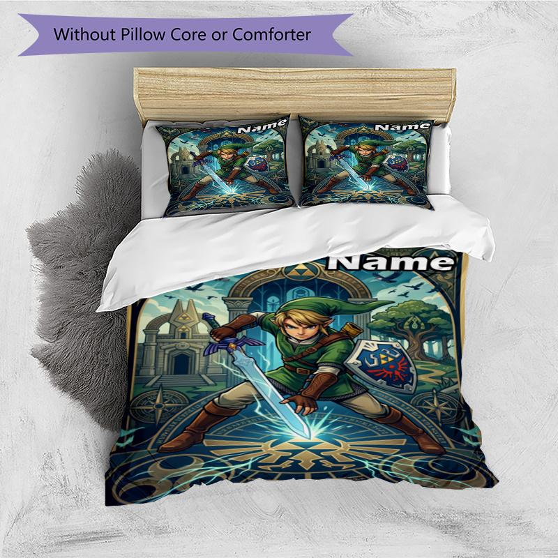 Set cuvertură de pilota 3 buc (1 * Husă de pilota + 2 * Față de pernă, Fără Miez), Set de așternut personalizat cu nume și model The Legend of Zelda, Cadou pentru Decorarea Dormitorului de Acasă