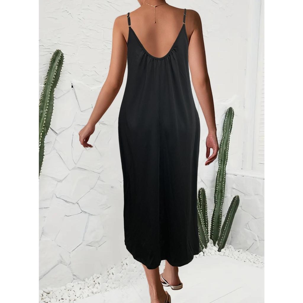 Women's Solid Color Low-cut V-neck Loose Laxy Style Sling Dress, Slimming Spring Summer Casual Dress for Foreign Trade