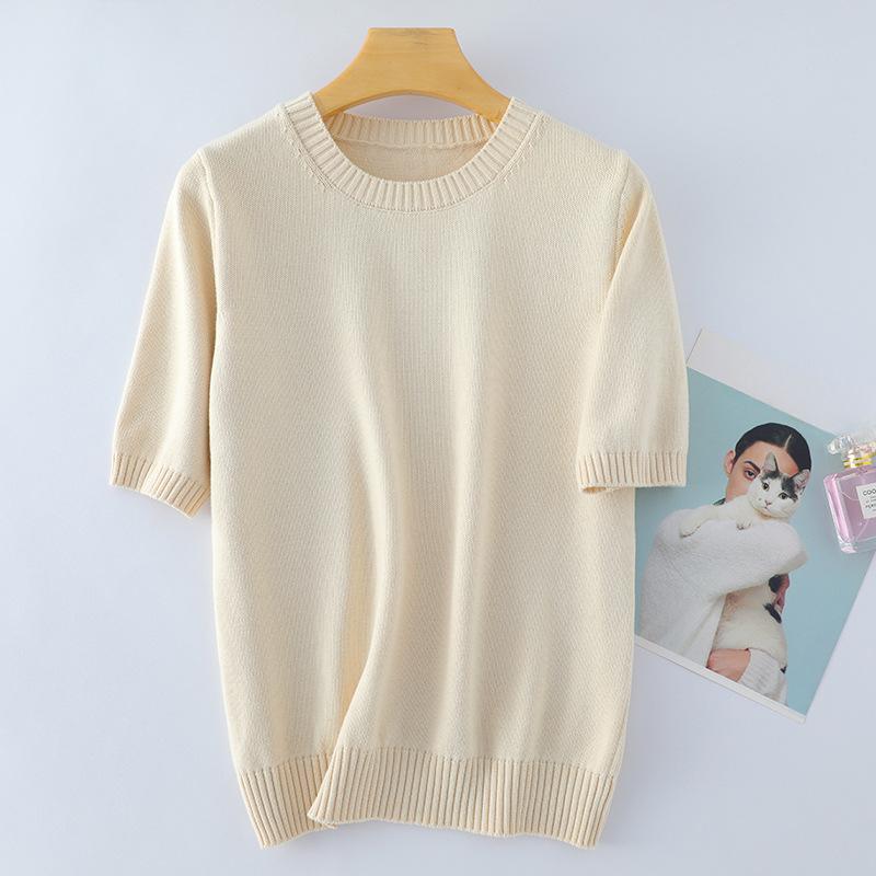 Kurzärmeliges Strick-T-Shirt Damen Lässiger Rundhals-Pullover Einfarbig Locker Halbarm-Pullover