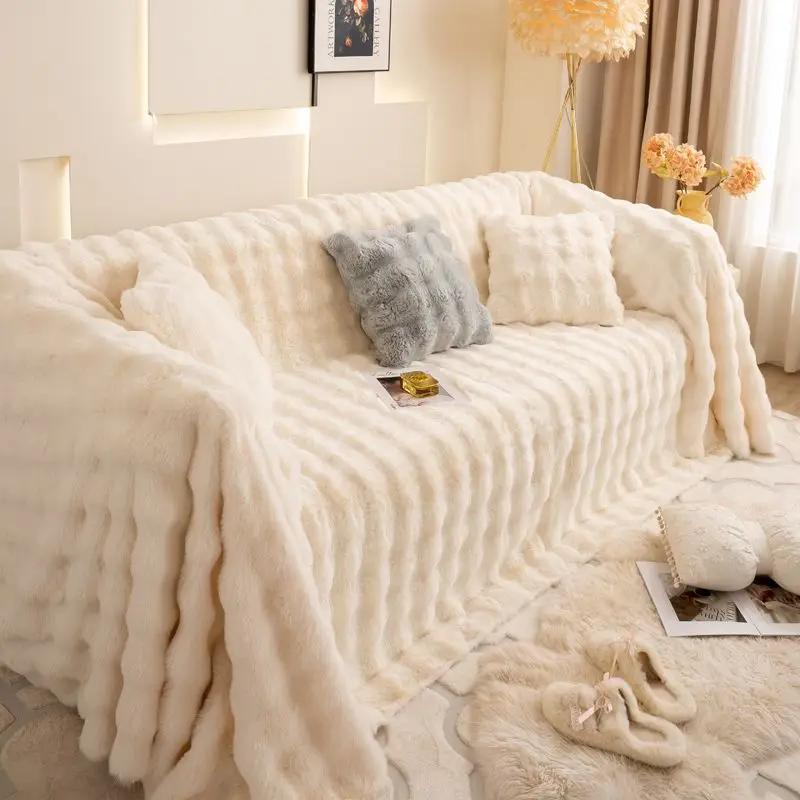 Green Soft Non-Slip Plush Sofa Full Cover Plush Thick Warm Universal Cushion Solid Color 2 3 Seat Couch Blanket Mat Home Decor