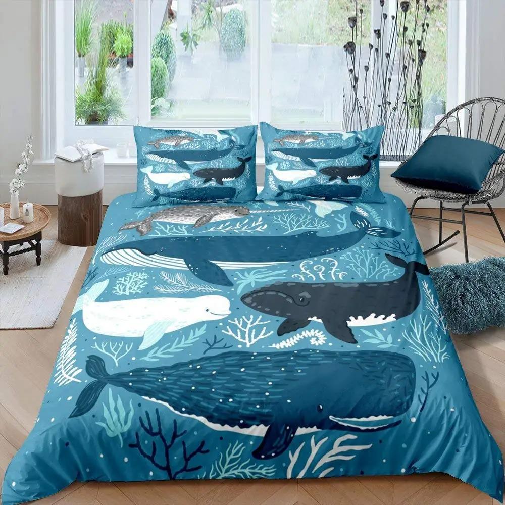 

Nautical Sailing Whale Bedding Set 2-3Pcs Bedroom Quilt Cover Set Single Double Size Duvet Cover Pillowcase For Adult Boy Girl 70x133cm 2pcs