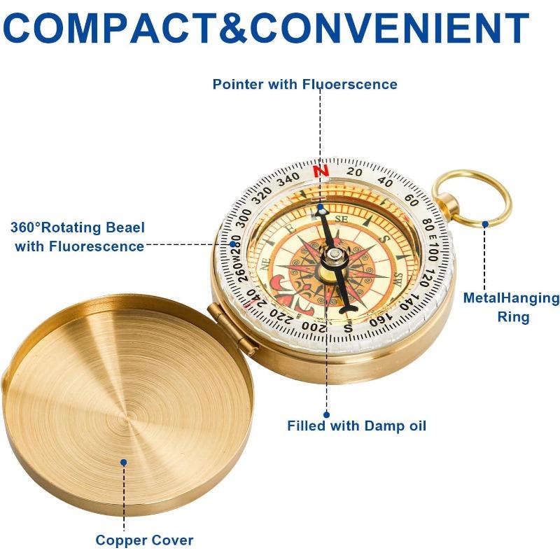 Camping Survival Pocket Compass - Heavy Duty Copper Clamshell Waterproof Glow-in-the-Dark Kids Compass