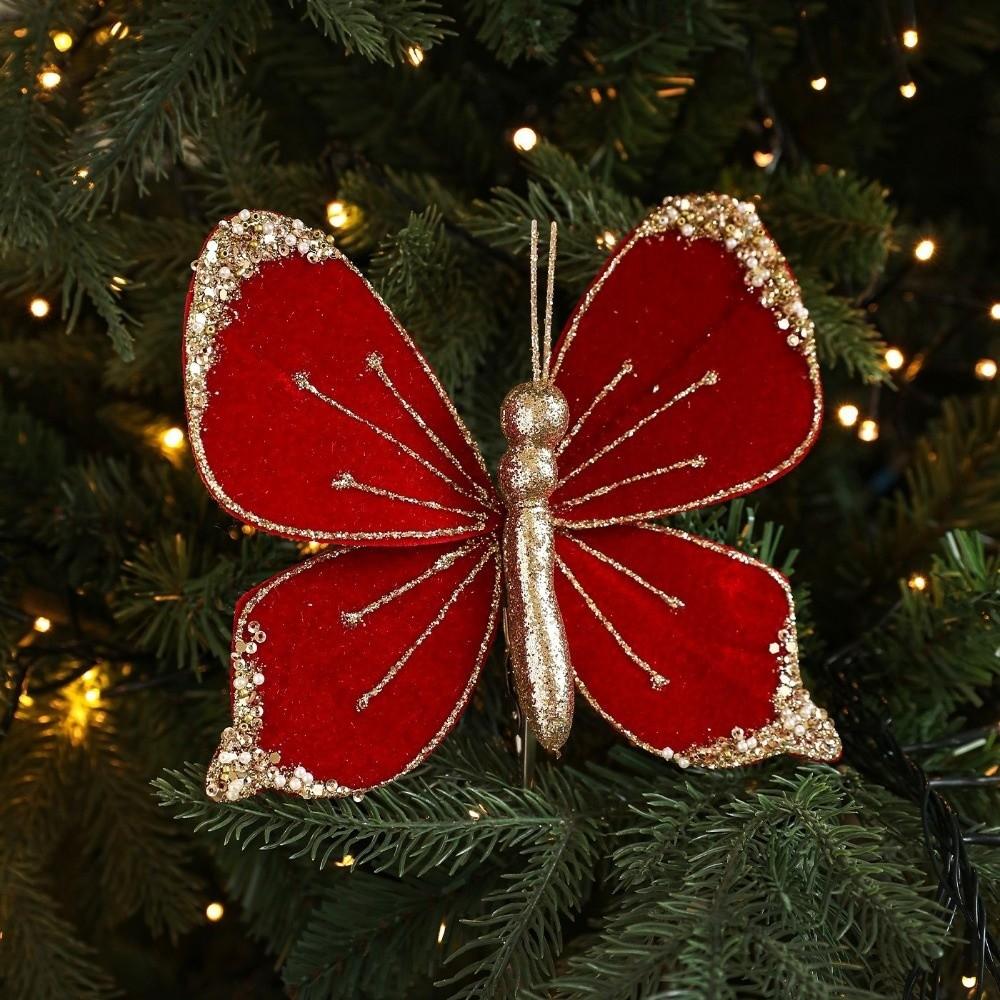 Velvet Butterfly Christmas Flower Flocking Artificial Double Simulation Christmas Decorations Exquisite Sequins Glitter