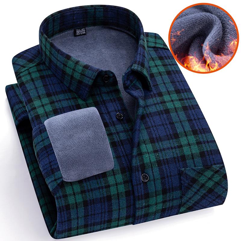 Men's Plaid Flannel Shirt Fleece Lined Warm Turn down Collar Long Sleeve