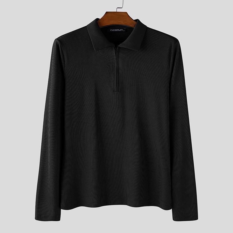 INCERUN Men Lapel Neck Long Sleeve Plain Texture Casual Tops T-Shirts 