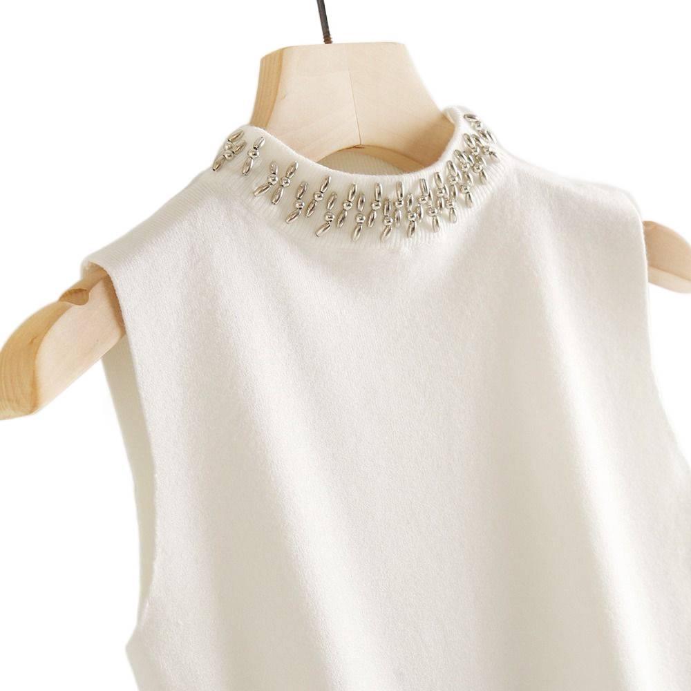 Gilet in Maglia Fatto a Mano Retrò Romantico con Perline ad Scollo Alto Senza Maniche per Donna Primavera/Estate 2026