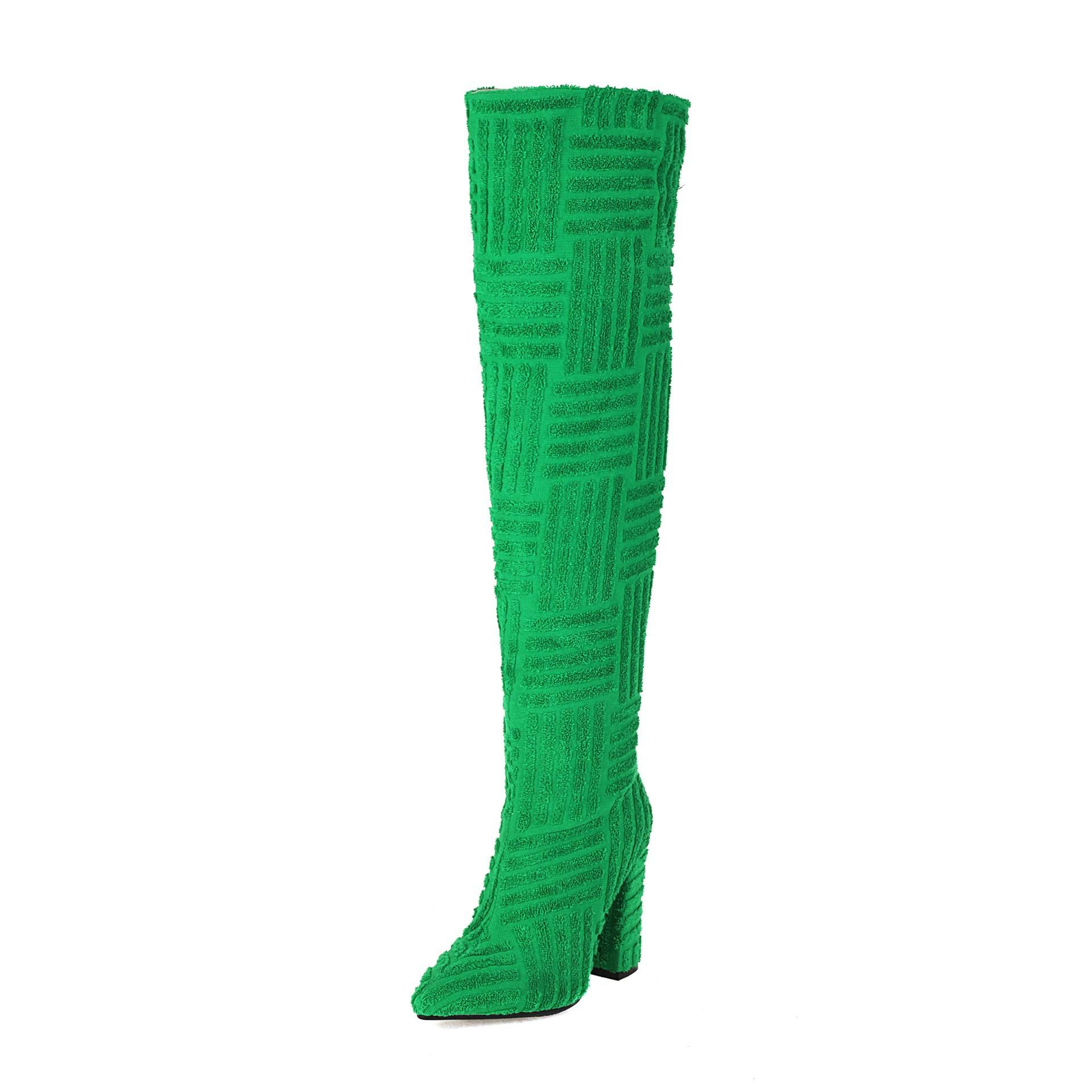 Осенне-зимние сапоги с острым носком. Ботинки выше колена на массивном и высоком каблуке. Размер 36–43. Сапоги выше колена. 36 зелёный