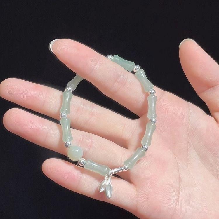Chinese Style Retro Green Bamboo Joint Beaded Bracelet for Women's Fashion Simple Charm Alloy Leaf Bracelet Fashion Jewelry Gift