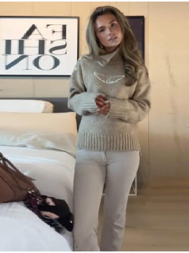 2025 Autumn/Winter Women's European & American Turtleneck Sweater with Wing Embroidery & Shoulder Buttons
