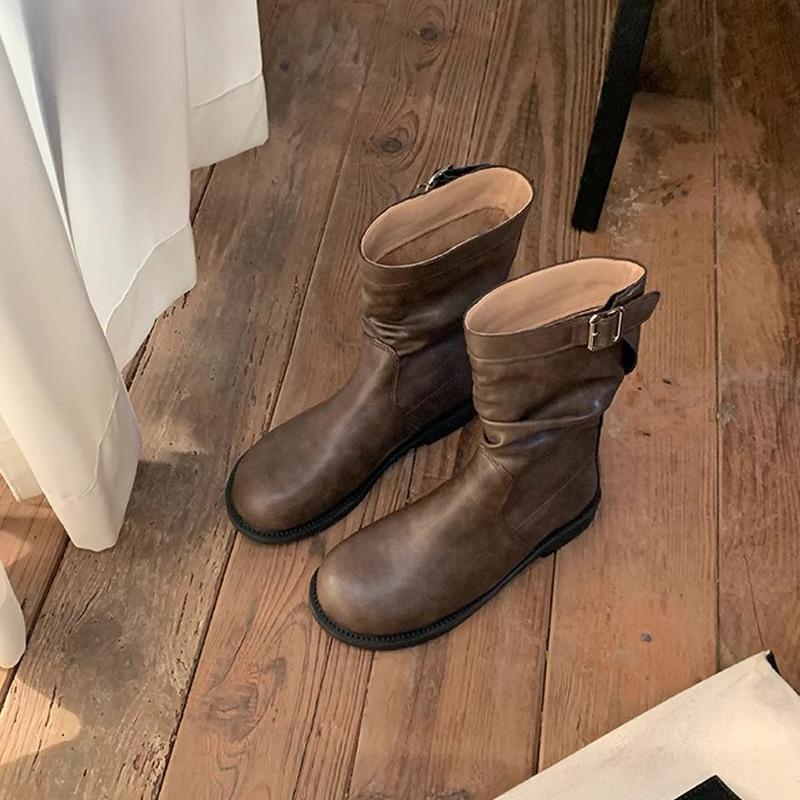 New spot retro simple and thin low-heeled Martin boots women's 2025 new autumn and winter niche all-match buckle locomotive