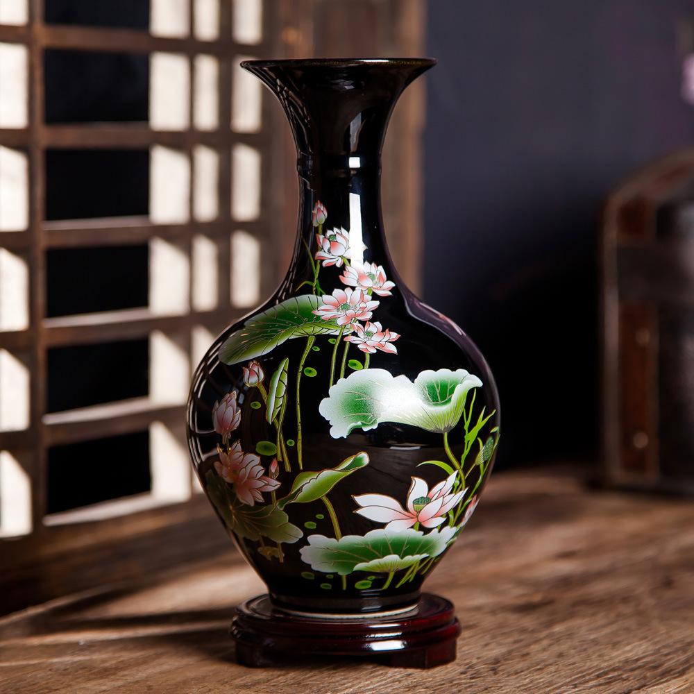 Čínská keramická váza - Porcelánová váza Černý lotos s podstavcem, Retro domácí dekorace, Ručně malovaná květinová váza, Umělecká dekorace dárek