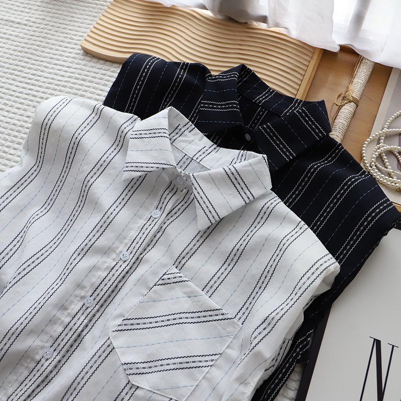 

[Bi Zheng] 2025 Summer Korean POLO Collar Striped Hem Drawstring Loose Sleeveless Short Women s Shirt 4093 One Size