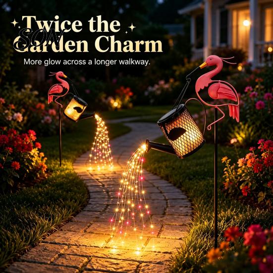 Weatherproof Metal Animal Statue Solar Flamingo Watering Can Light, Powered LED Garden Waterproof String Lights Pathway Light with Stake for