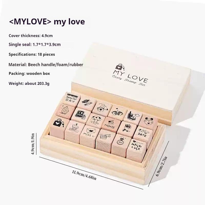 Exquisite Daily Life 18 Pieces Of Beech Wood Seal Set Diy Journal Decorative Materials Stamp Wooden Box Collage Stamp Gift