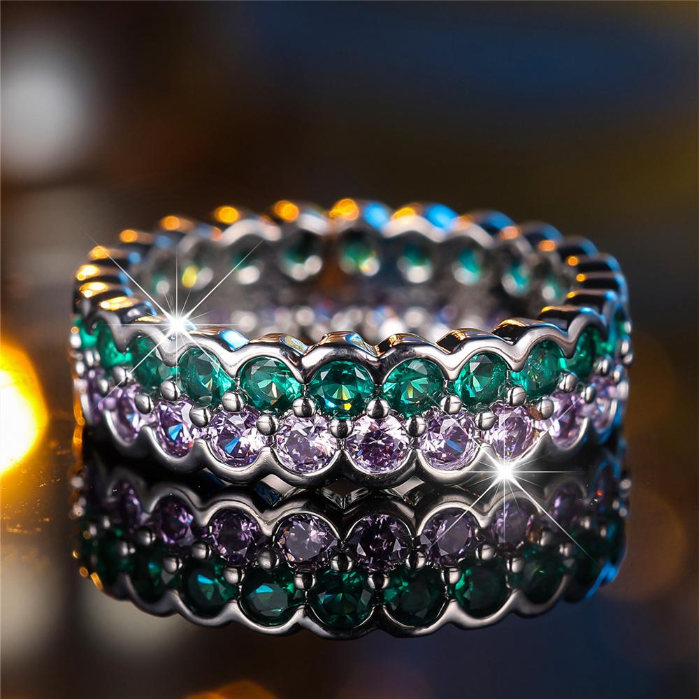 

Luxury Female Blue White Green Zircon Stone Round Finger Ring Vintage Silver Color Wedding Band Bridal Jewelry For Women 9