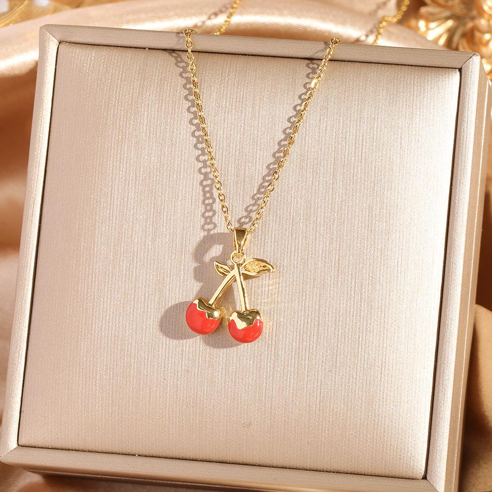 Fashion Zircon Cherry Pendant Titanium Steel Necklace Women's Collarbone Chain Jewelry