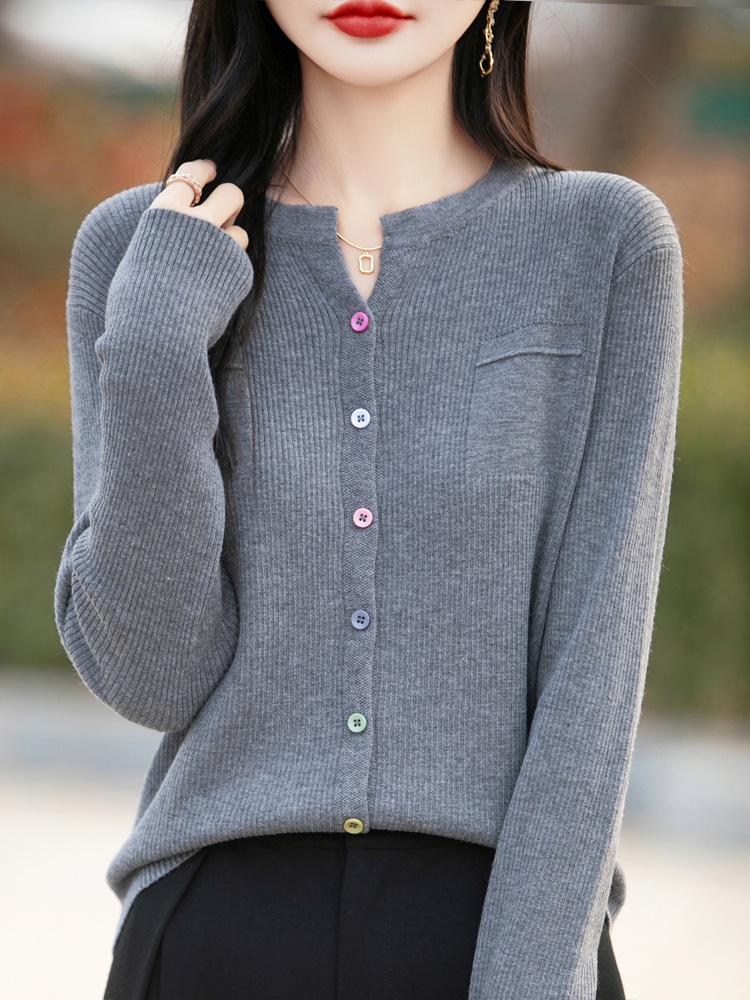Women's Slimming V-Neck Stripe Button Cardigan for Autumn/Winter