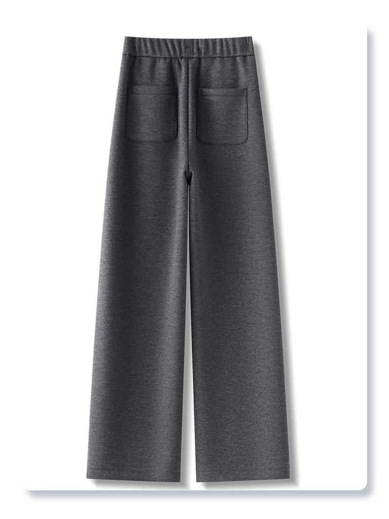 2024 Women's Gray Wool Wide-Leg Pants: Soft, Fleece-Lined, Thickened for Autumn/Winter
