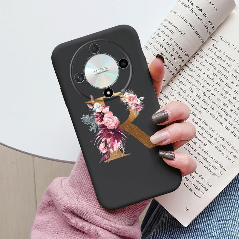 Buchstaben-Handyhülle für Honor X9b X9a Magic5 Lite Magic6 Lite 5G Hülle Retro-Blumen Rosa Schwarz Weiches TPU Initialen Silikon Fundas