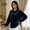 Damen Pullover Hemd Damen Samt Hemd, 3-Knopf Kragen Casual Bluse, Einfarbige Tägliche Kleidung Locker Langarm Oberteil für die Arbeit Atmungsaktive Bluse