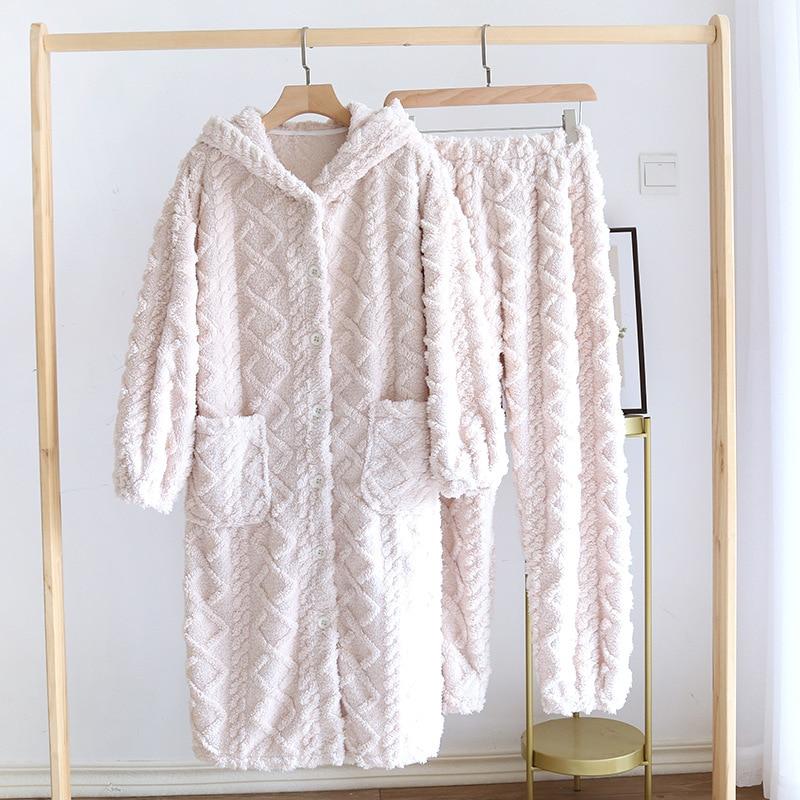 Winter New Couple Flannel Pajamas Suit Long Thickened Pajamas Two-piece Long-sleeved Trousers Hooded Men and Women Home Service