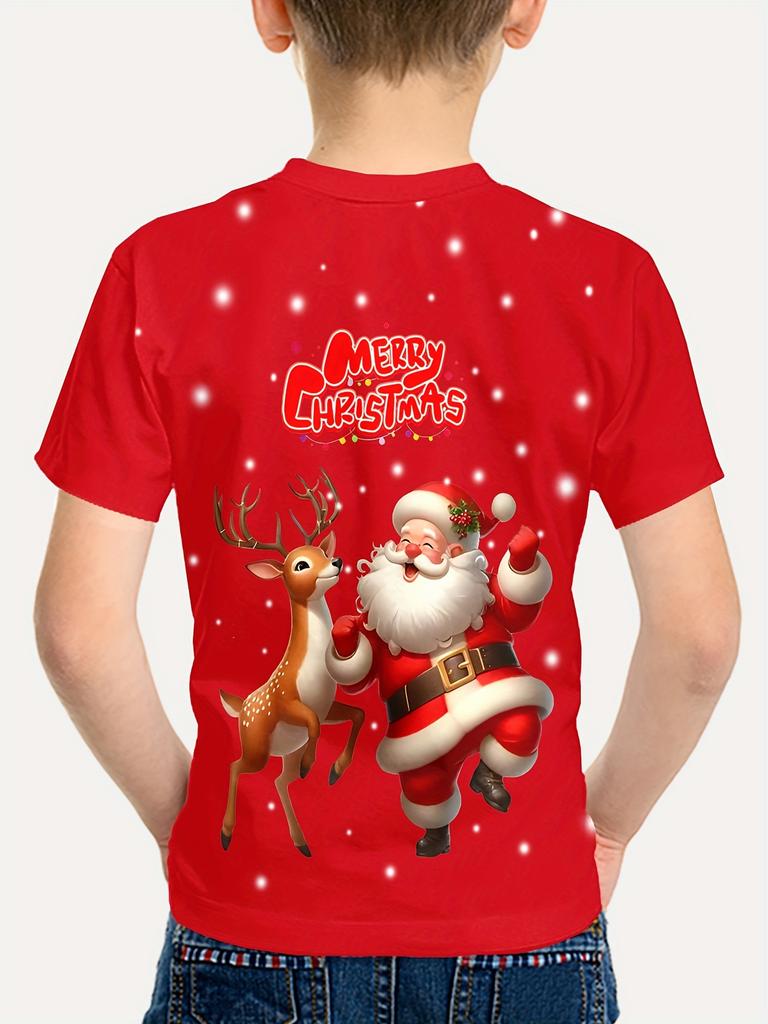 Tricou Roșu de Crăciun pentru Copii cu Imprimeu cu Moș Crăciun și Reni Potrivit pentru Sărbătorile de Iarnă
